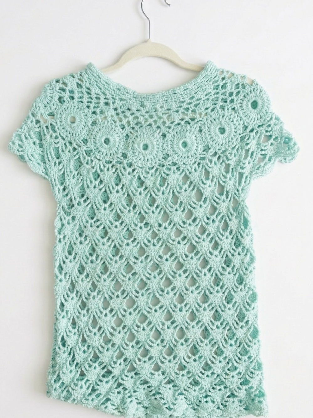 Crochet Openwork Short-Sleeve Top – light blue